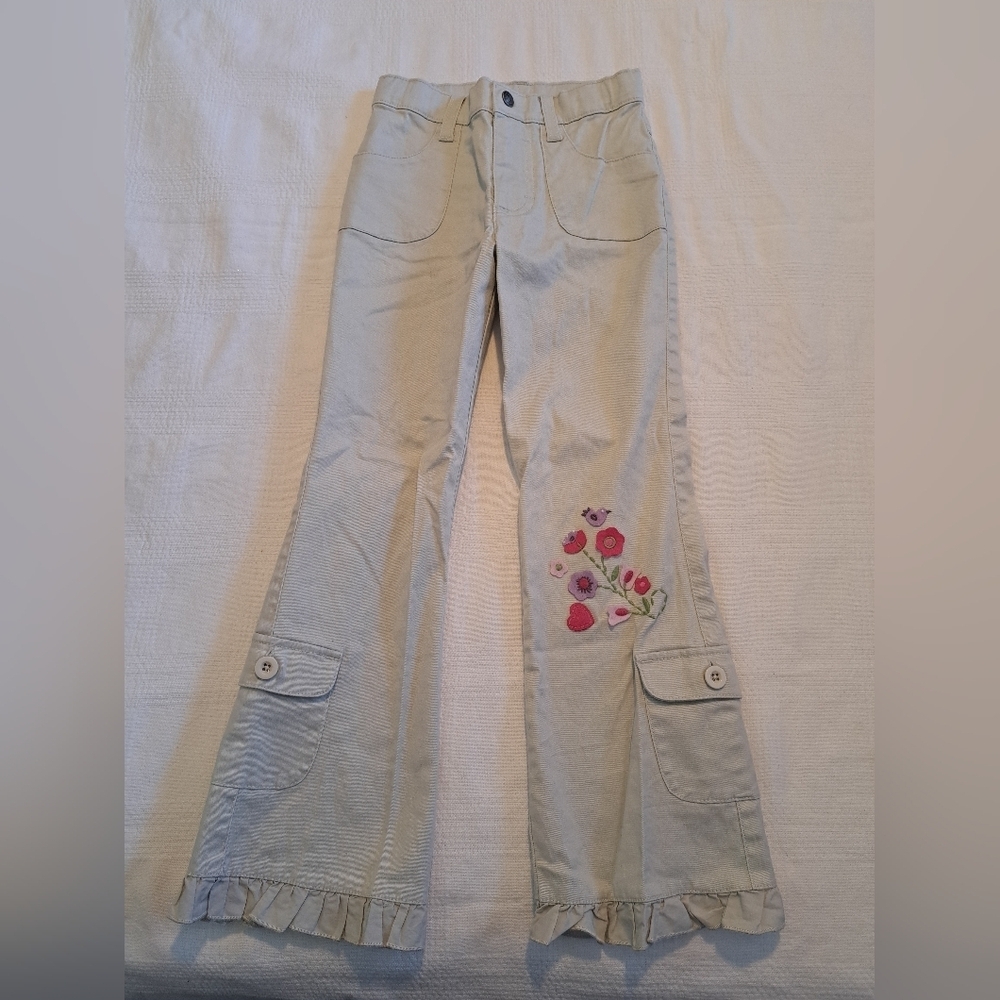 Lee girls size 7 Slim tan pants felt applique, ruffle cuffs, adjustable, EUC